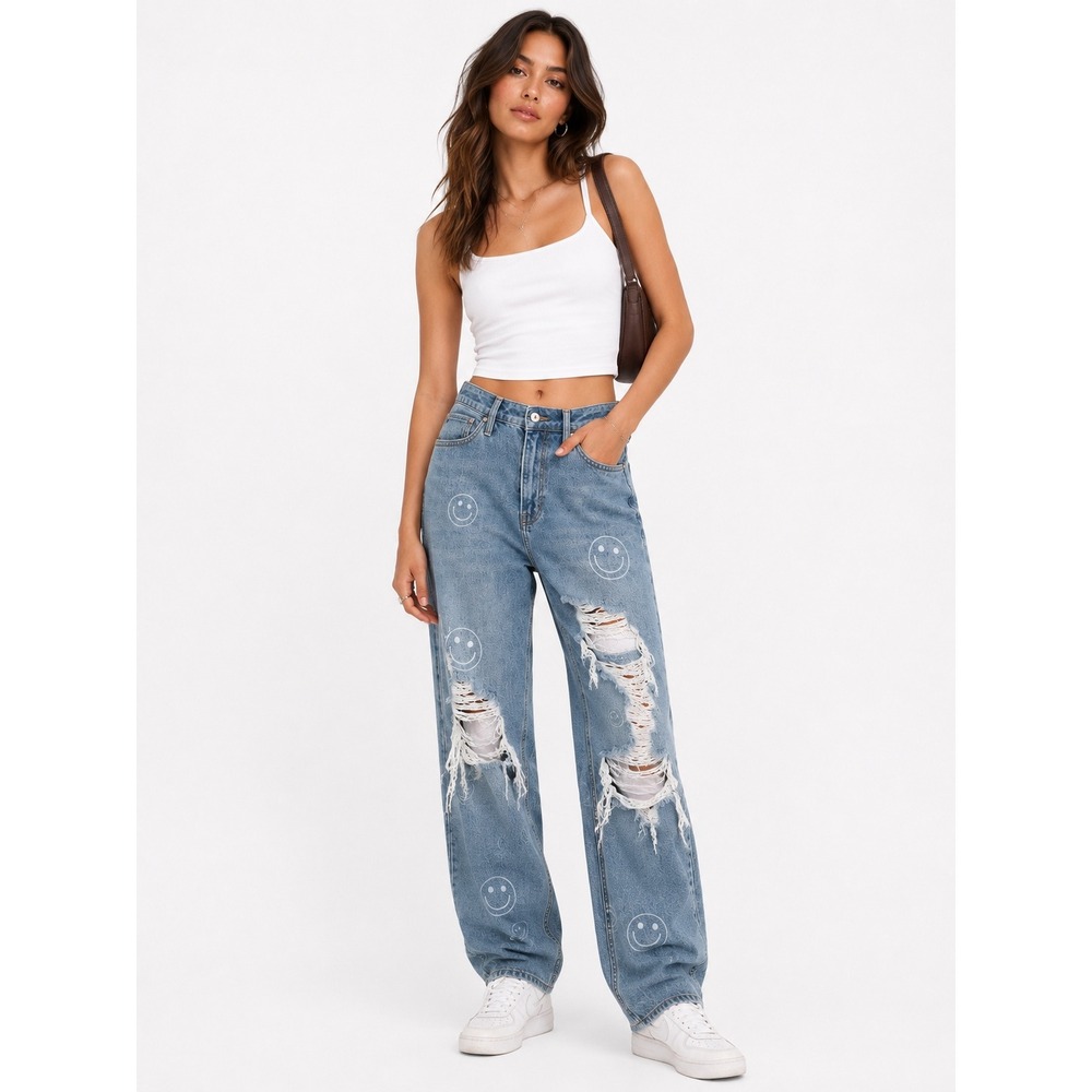 Hollister Mom Jeans Women 0R Blue Smiley Face Distressed High Rise Indie Happy